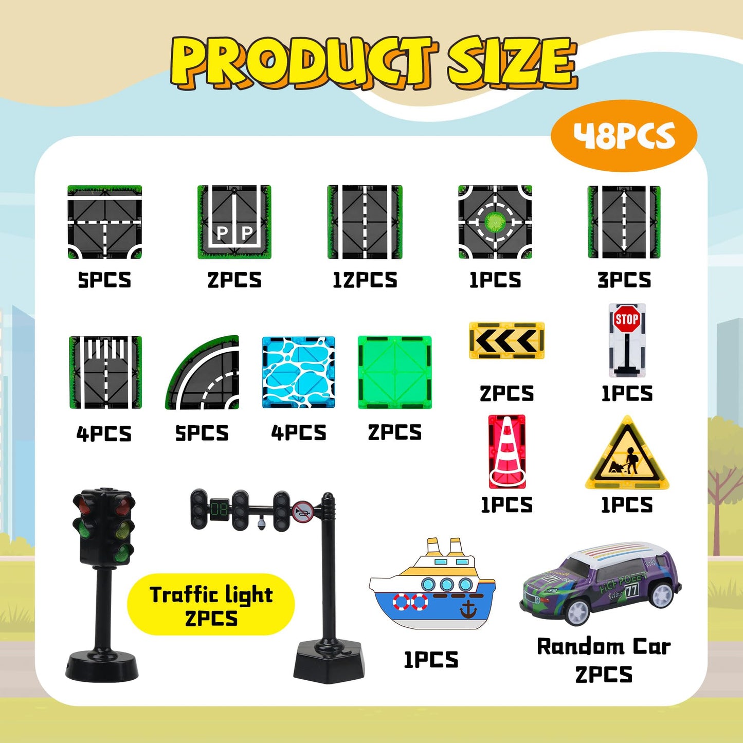 SKTMYY Magnetic Tiles Road Set with Pullback Car & Magnet Ship – Traffic Themed STEM Tile Kit