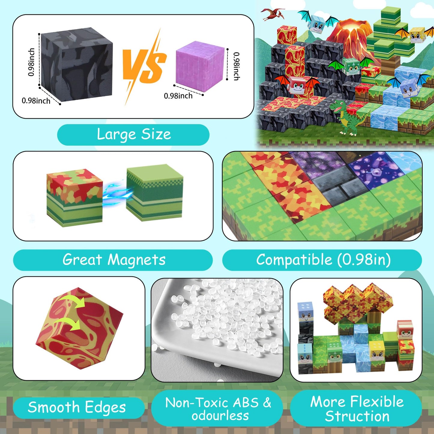 SKTMYY Magnetic Blocks: Volcano & Dinosaur STEM Building Toys for Ages 4-8