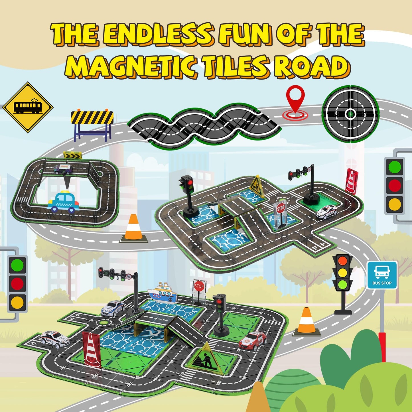 SKTMYY Magnetic Tiles Road Set with Pullback Car & Magnet Ship – Traffic Themed STEM Tile Kit