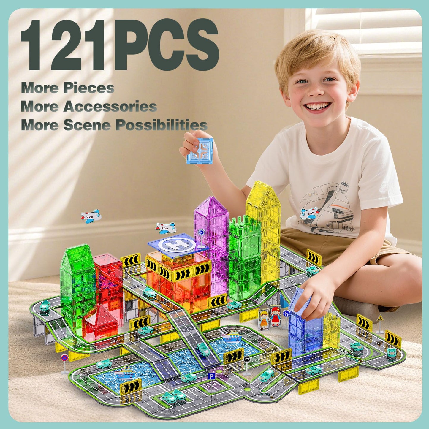 SKTMYY 121PCS Magnetic Tiles Road Set with Pullback Cars | STEM Building Toys for Kids 3-8