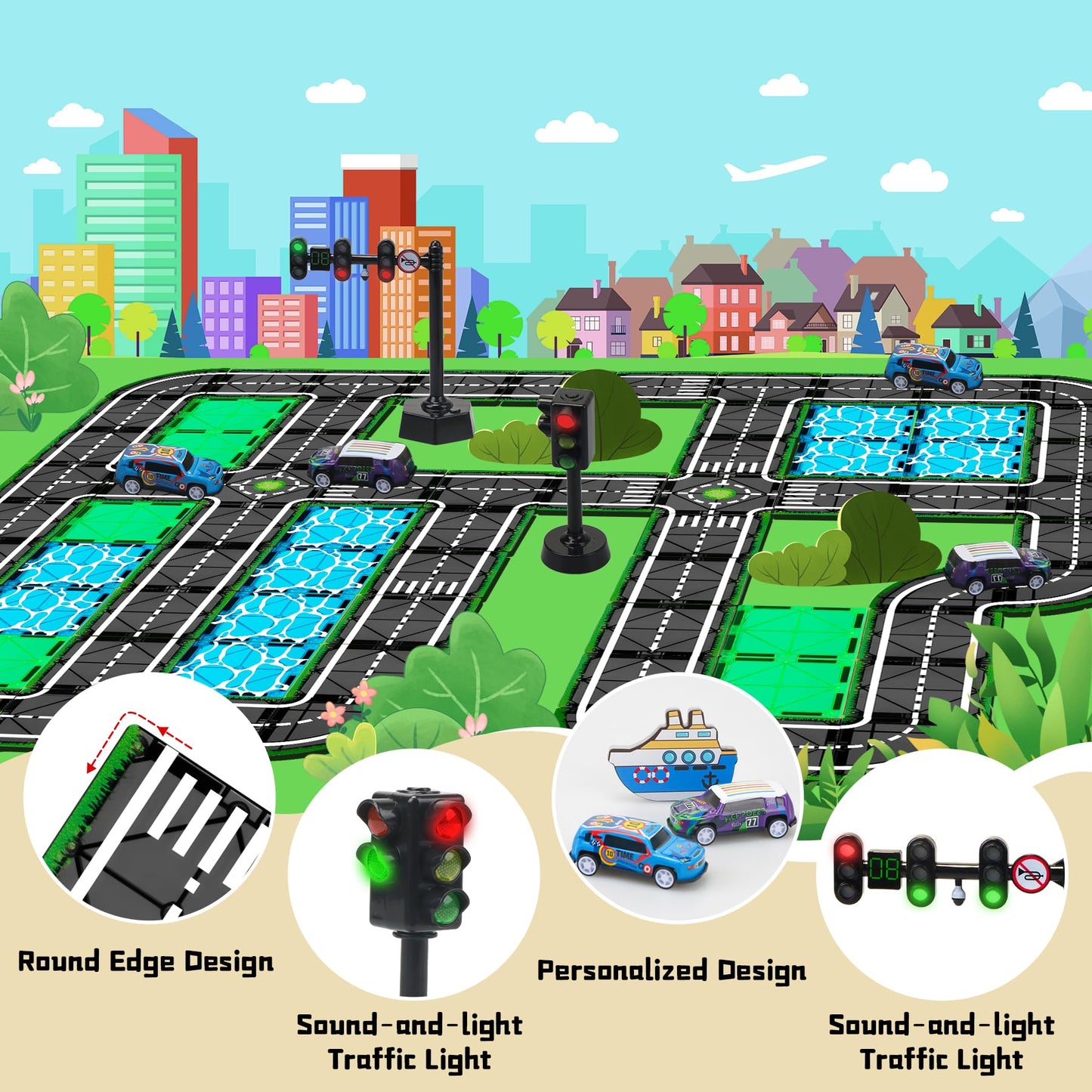 SKTMYY Magnetic Tiles Road Set with Pullback Car & Magnet Ship – Traffic Themed STEM Tile Kit