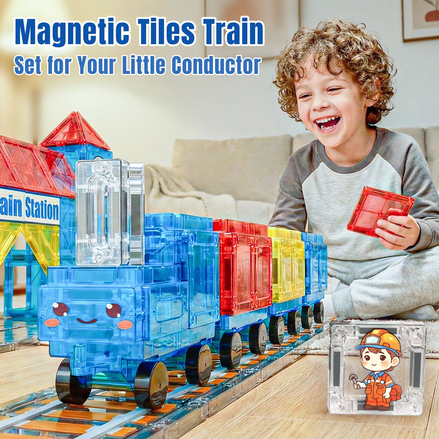SKTMYY Magnetic Tiles Train Toys – STEM Train Station Set for Kids 4-8