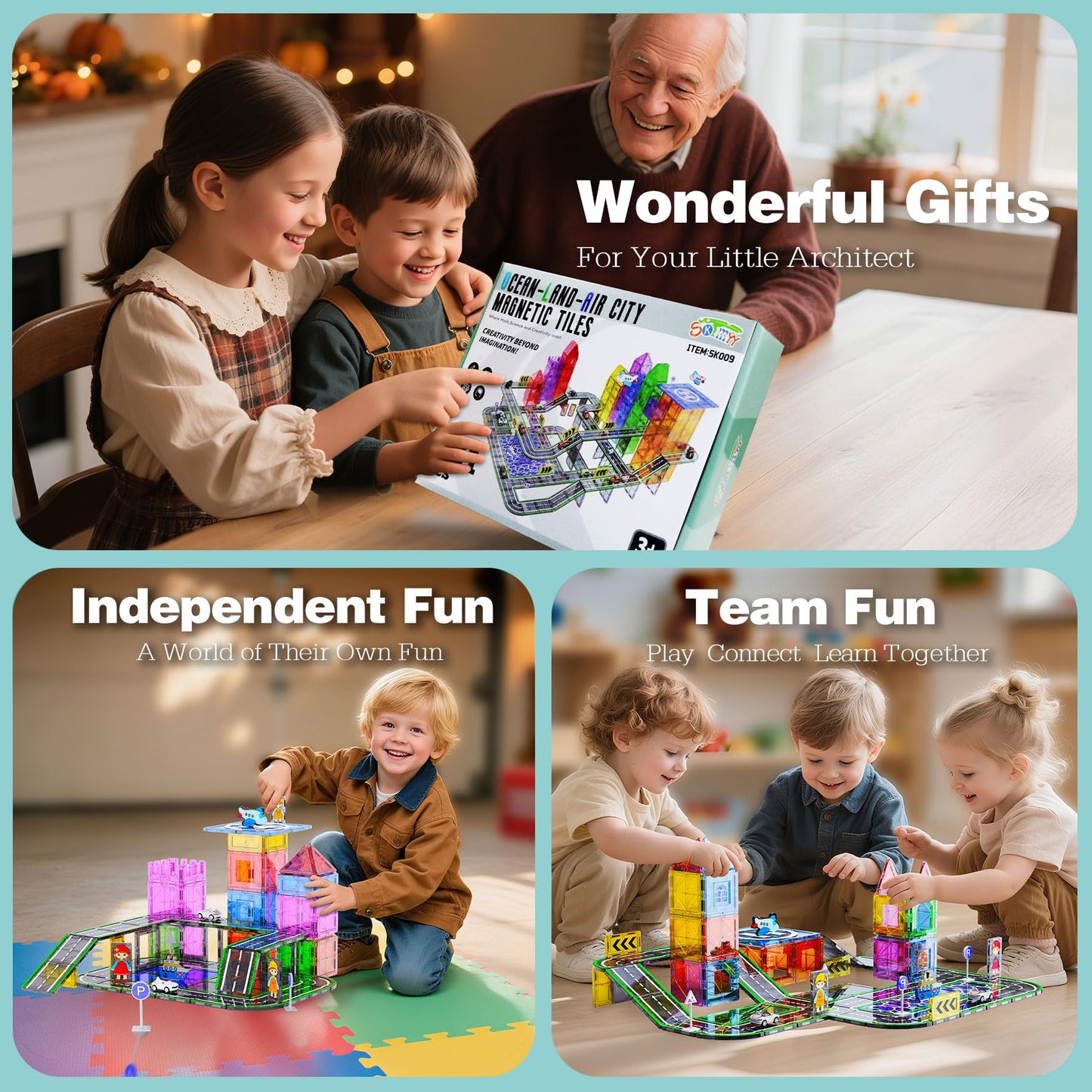 SKTMYY 121PCS Magnetic Tiles Road Set with Pullback Cars | STEM Building Toys for Kids 3-8