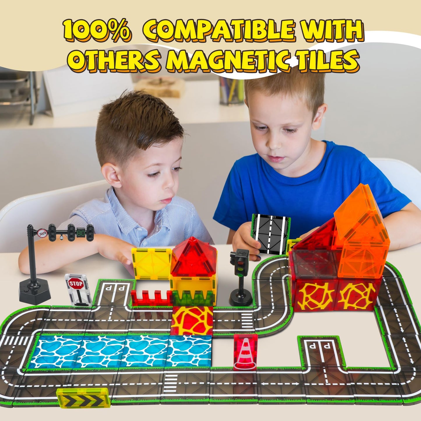 SKTMYY Magnetic Tiles Road Set with Pullback Car & Magnet Ship – Traffic Themed STEM Tile Kit