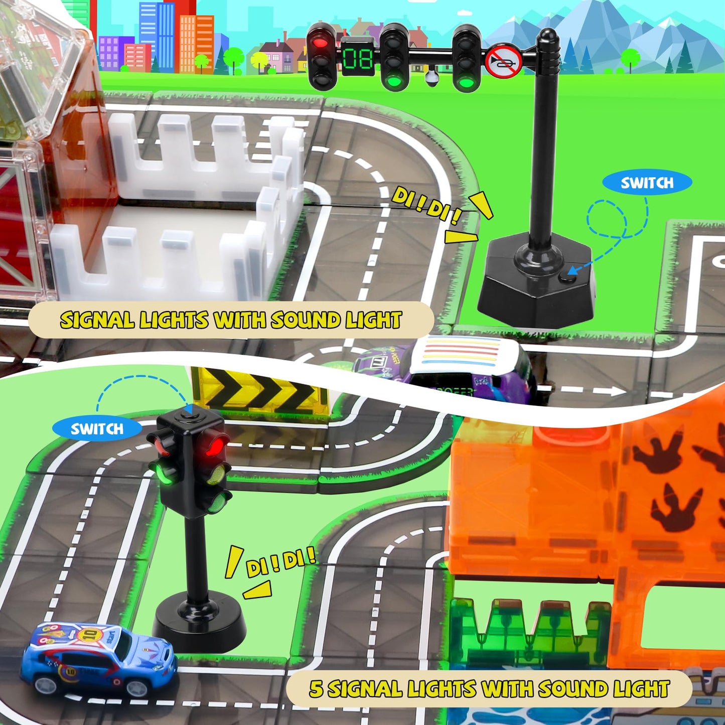 SKTMYY Magnetic Tiles Road Set with Pullback Car & Magnet Ship – Traffic Themed STEM Tile Kit