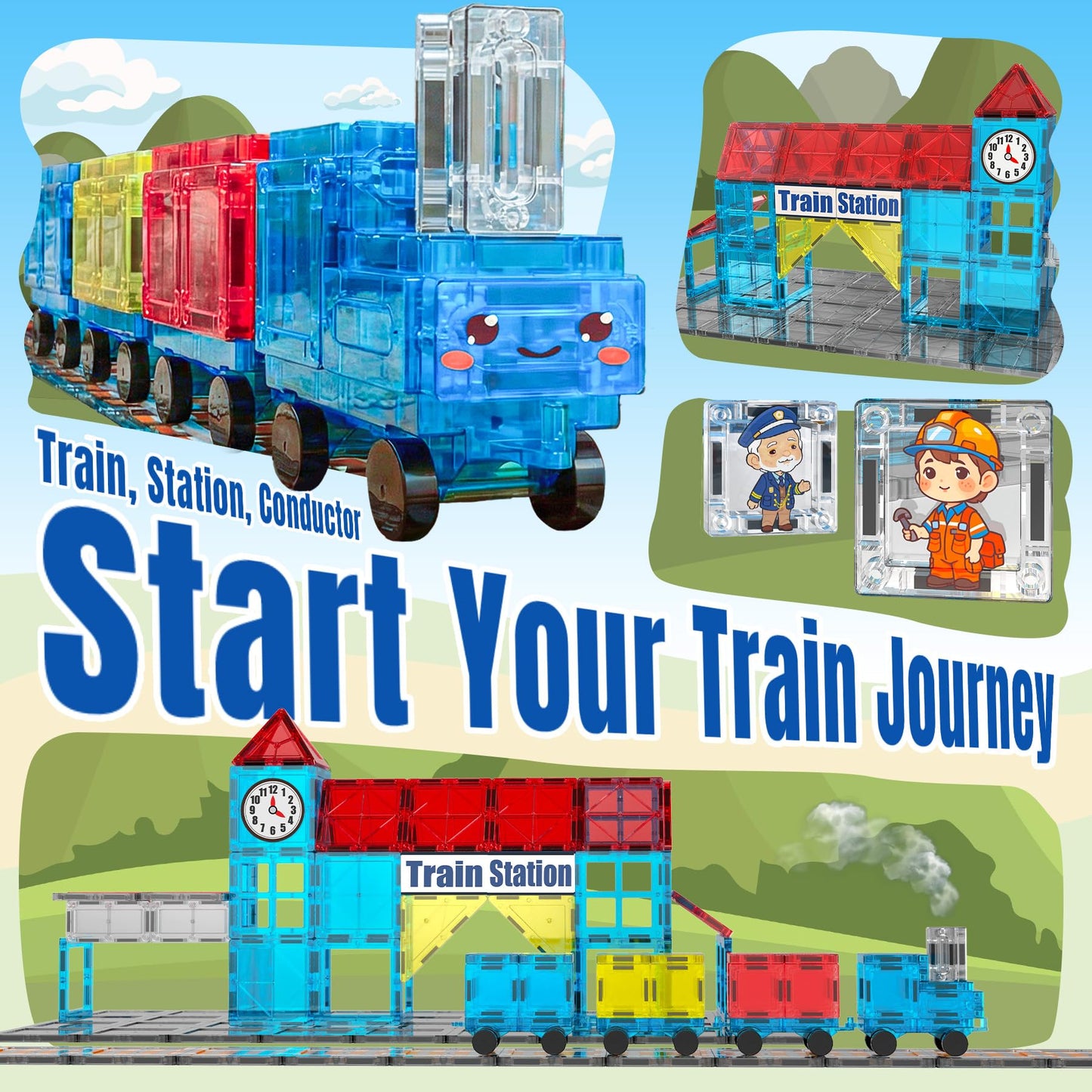 SKTMYY Magnetic Tiles Train Toys – STEM Train Station Set for Kids 4-8