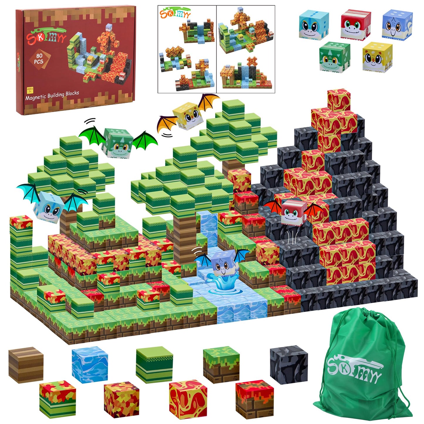 SKTMYY Magnetic Blocks: Volcano & Dinosaur STEM Building Toys for Ages 4-8