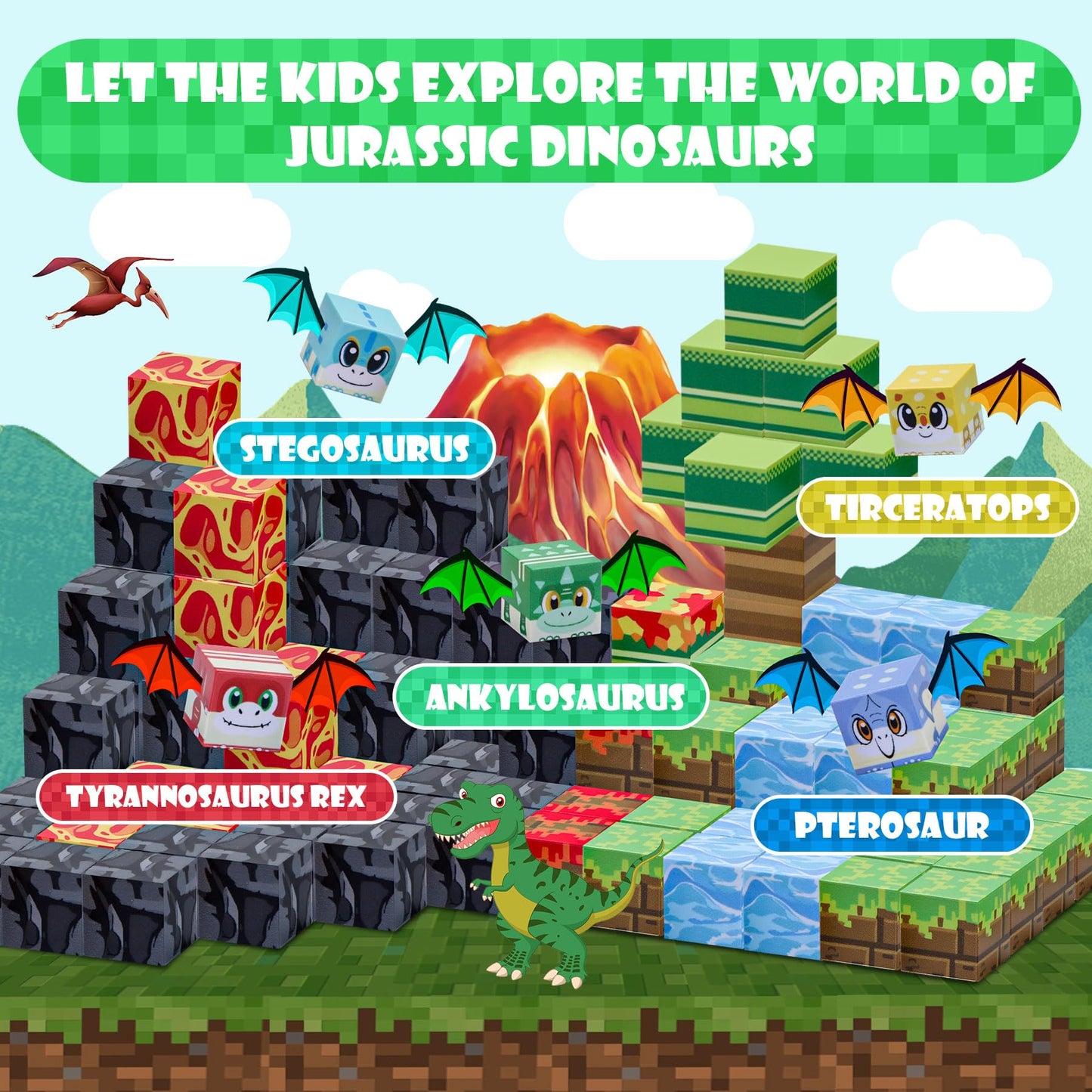 SKTMYY Magnetic Blocks: Volcano & Dinosaur STEM Building Toys for Ages 4-8