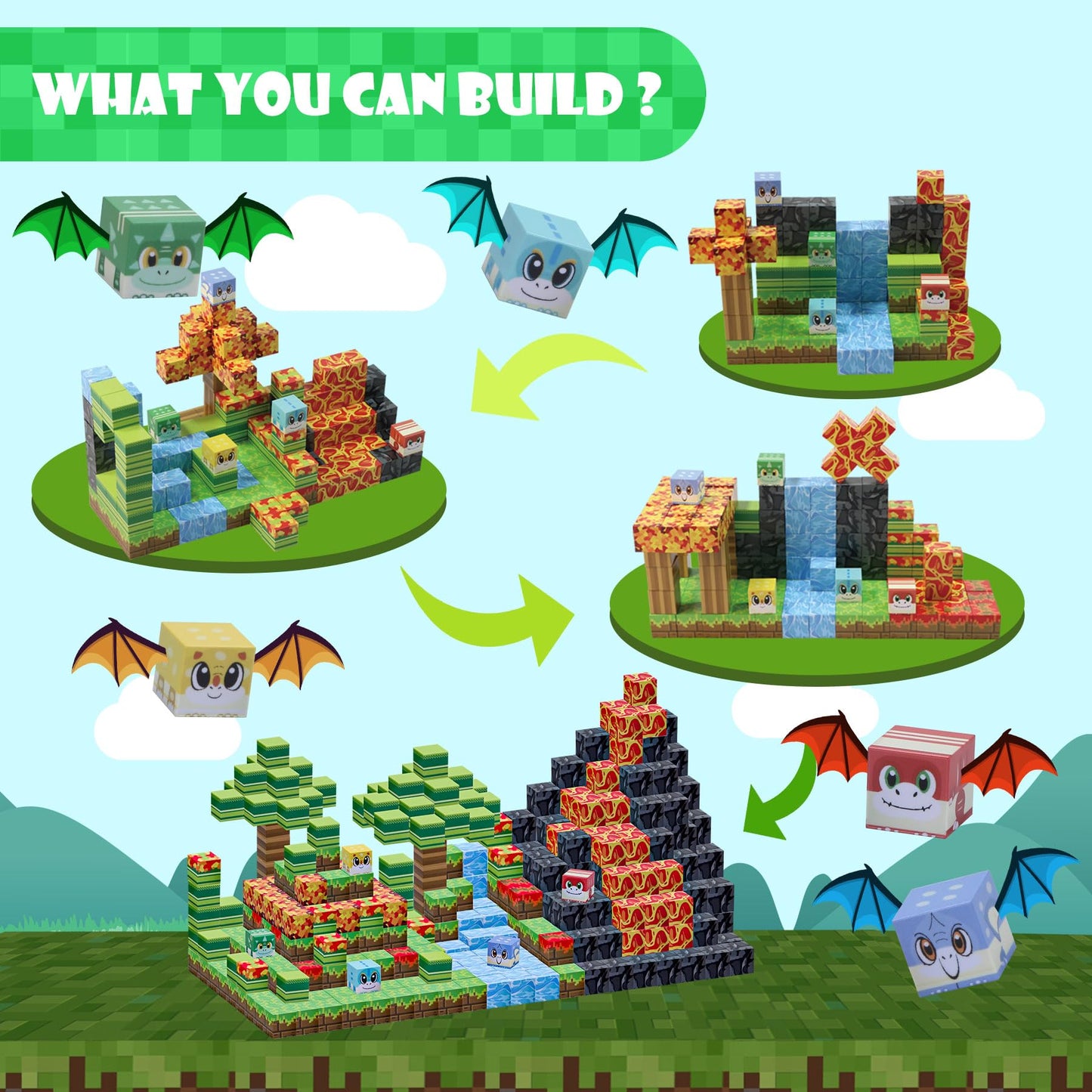SKTMYY Magnetic Blocks: Volcano & Dinosaur STEM Building Toys for Ages 4-8