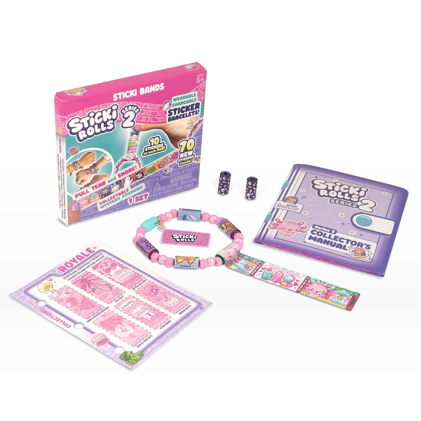 Sky Castle STICKI Rolls Sticki Bands – Wearable Sticker Bracelet, 70 Mini Stickers, 2 Mystery Rolls (Series 2 Pink)