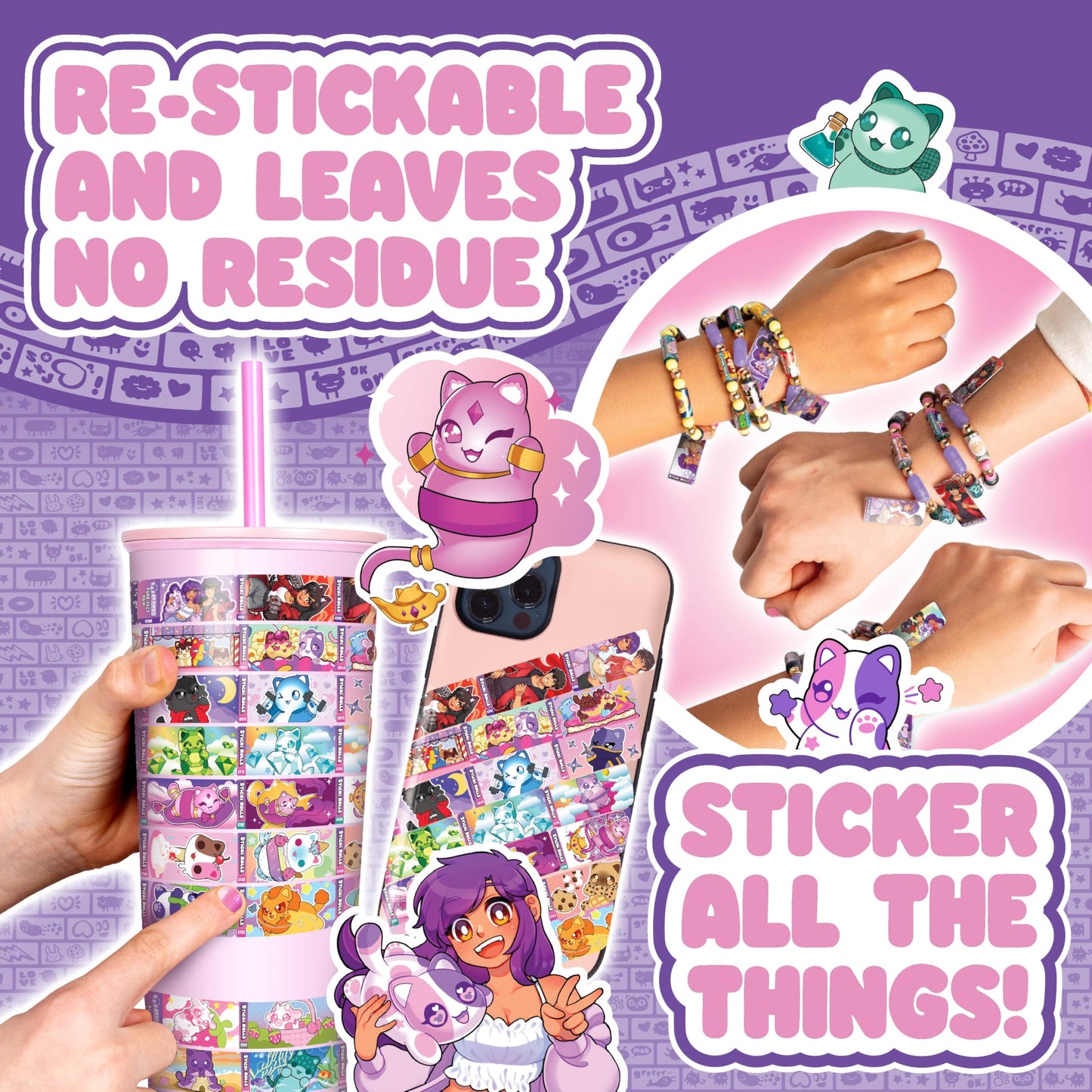 Sky Castle Sticki Rolls x Aphmau – Pendant & Bracelet Sticker Set (Limited Edition, Purple Pink Cat)