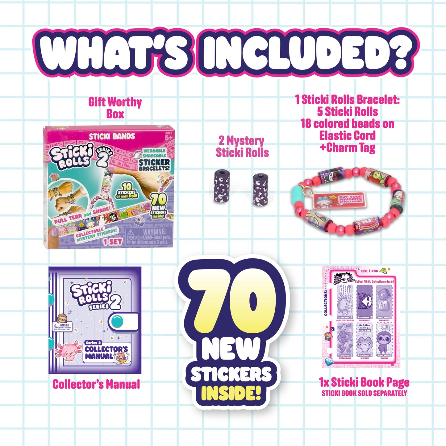 Sky Castle STICKI Rolls Sticki Bands – The Original Wearable Shareable Sticker Bracelet (70 Minis + 2 Mystery Rolls, Series 2 Red)