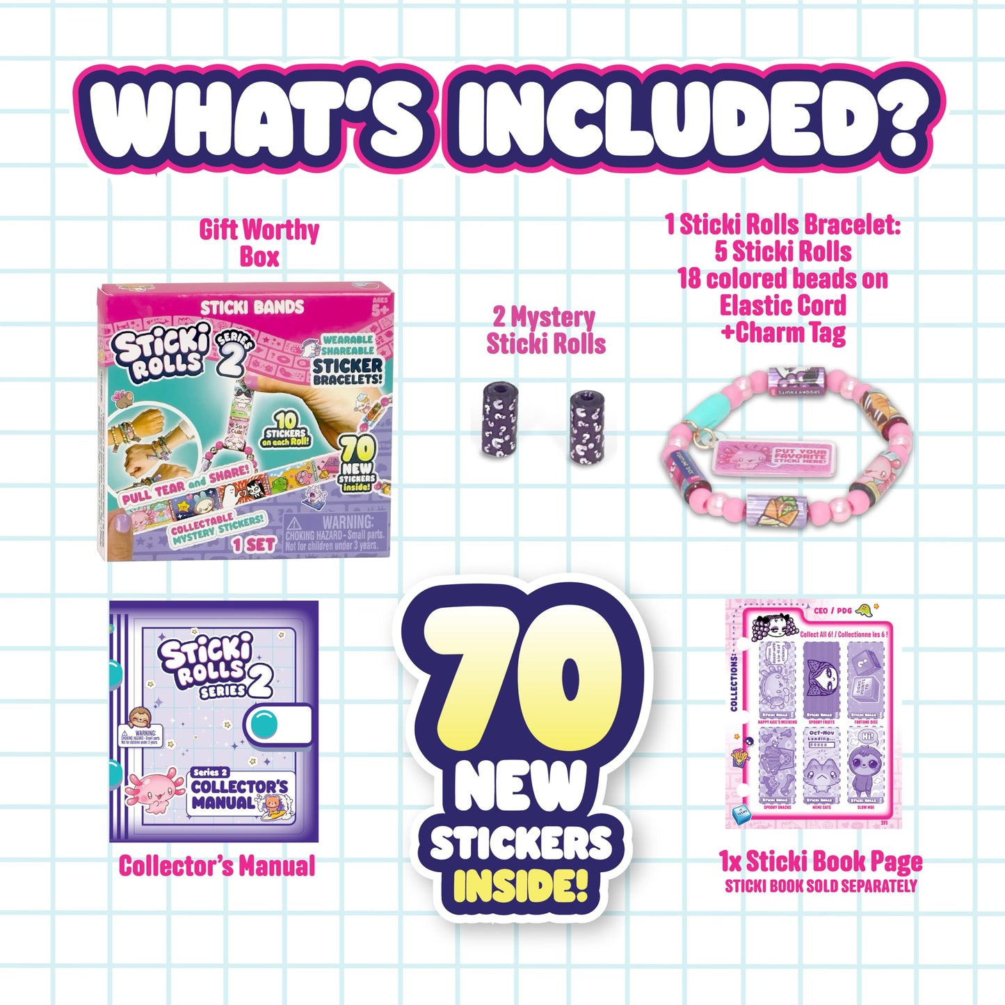 Sky Castle STICKI Rolls Sticki Bands – Wearable Sticker Bracelet, 70 Mini Stickers, 2 Mystery Rolls (Series 2 Pink)