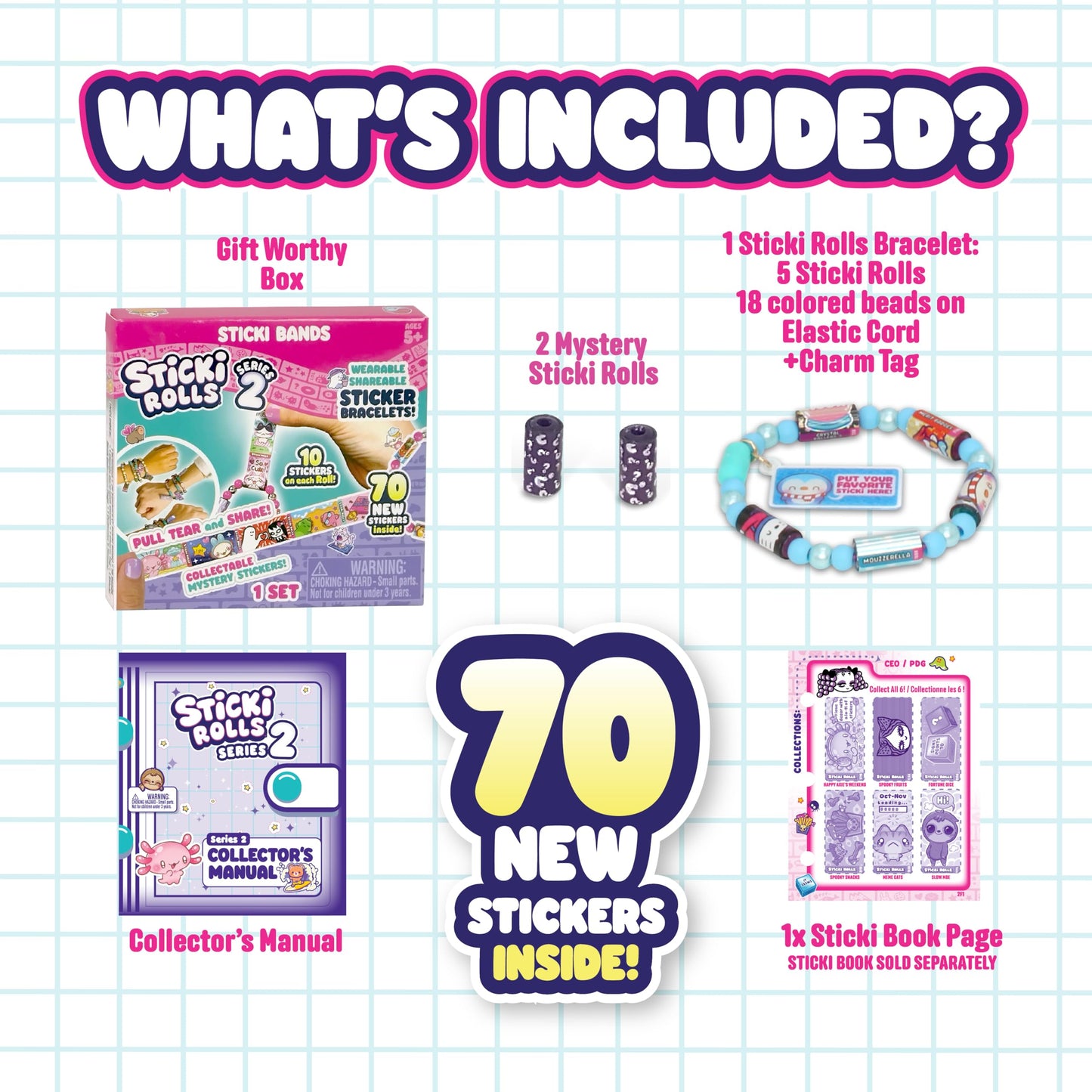 Sky Castle STICKI Rolls Sticki Bands – Wearable Sticker Bracelet with 70 Mini Stickers + 2 Mystery Rolls (Series 2, Blue)