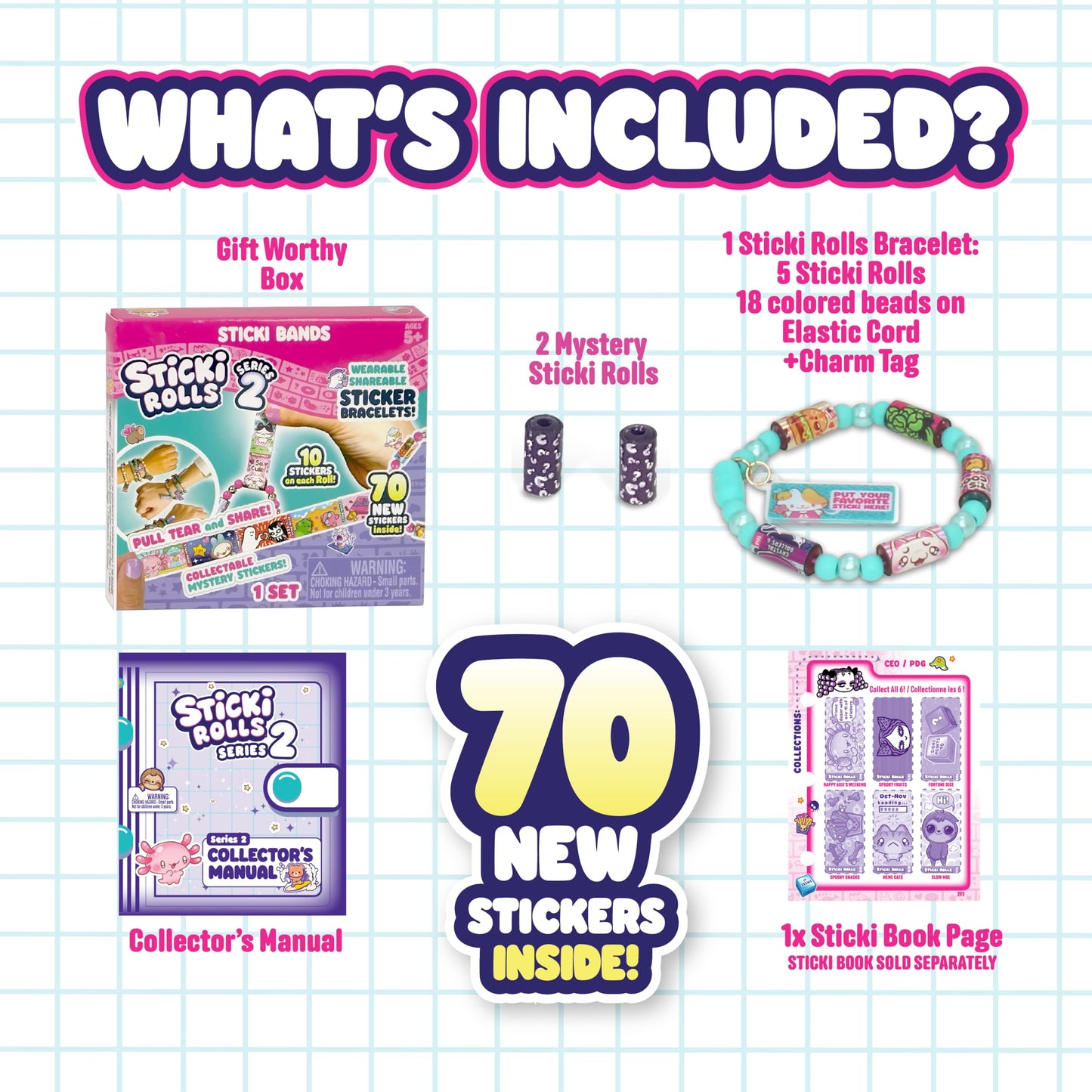 Sky Castle STICKI Rolls – Wearable Sticker Bracelet with 70 Mini Stickers + 2 Mystery Rolls | 1000+ Designs (Series 2 Teal)