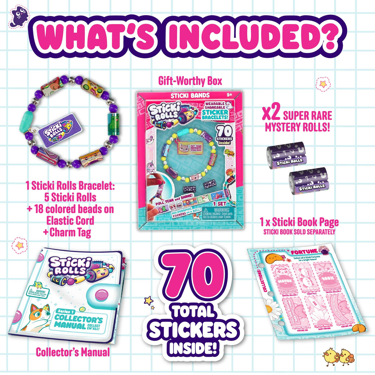 Sky Castle STICKI ROLLS – Wearable Sticker Bracelet with 70 Mini Stickers + 2 Mystery Rolls