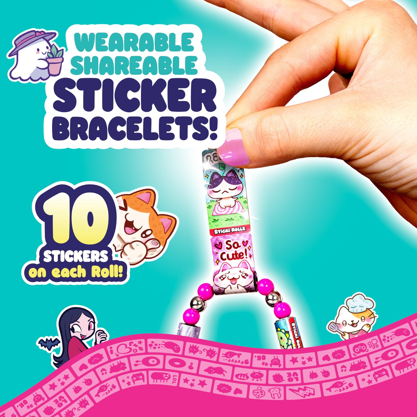 Sky Castle STICKI Rolls Sticki Bands – Wearable Sticker Bracelet, 70 Mini Stickers, 2 Mystery Rolls (Series 2 Pink)
