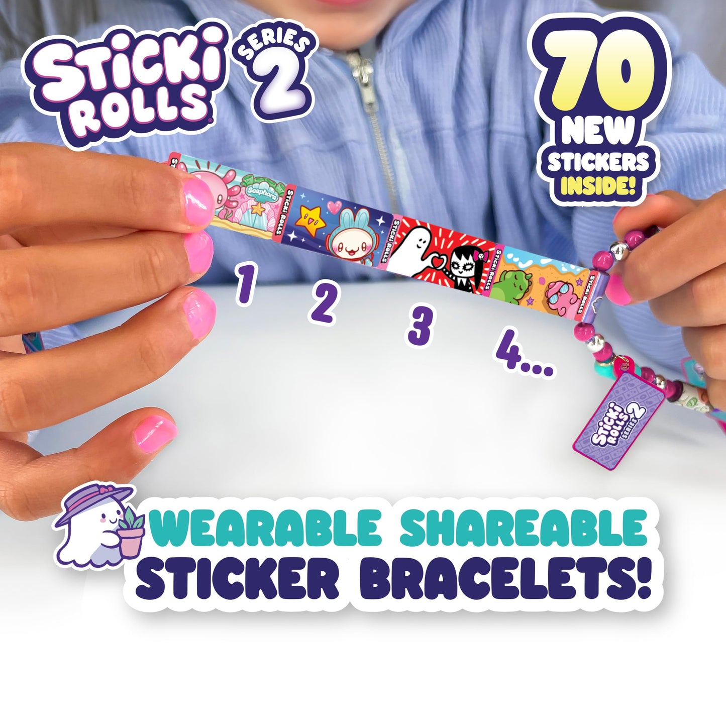 Sky Castle STICKI Rolls Sticki Bands – Wearable Sticker Bracelet with 70 Mini Stickers + 2 Mystery Rolls (Series 2, Blue)