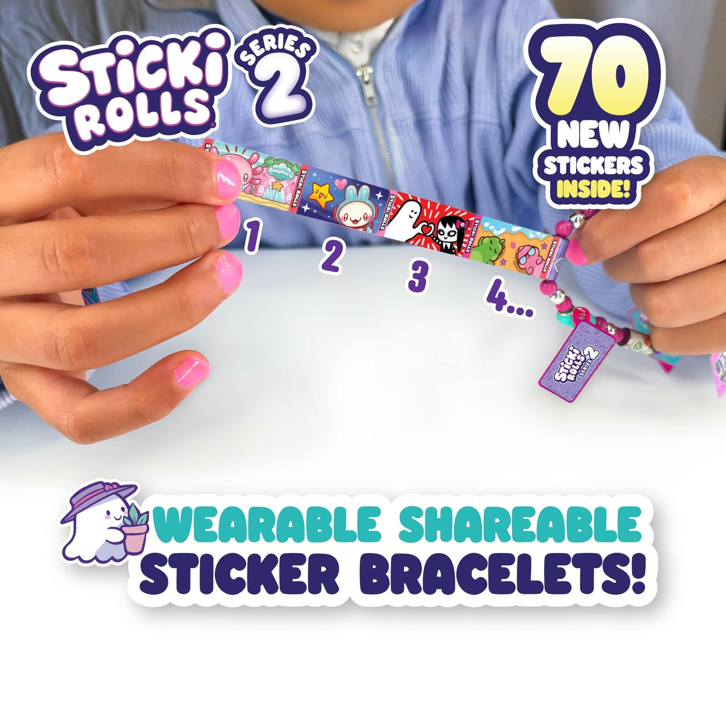 Sky Castle STICKI Rolls Sticki Bands – Wearable Sticker Bracelet, 70 Mini Stickers, 2 Mystery Rolls (Series 2 Pink)
