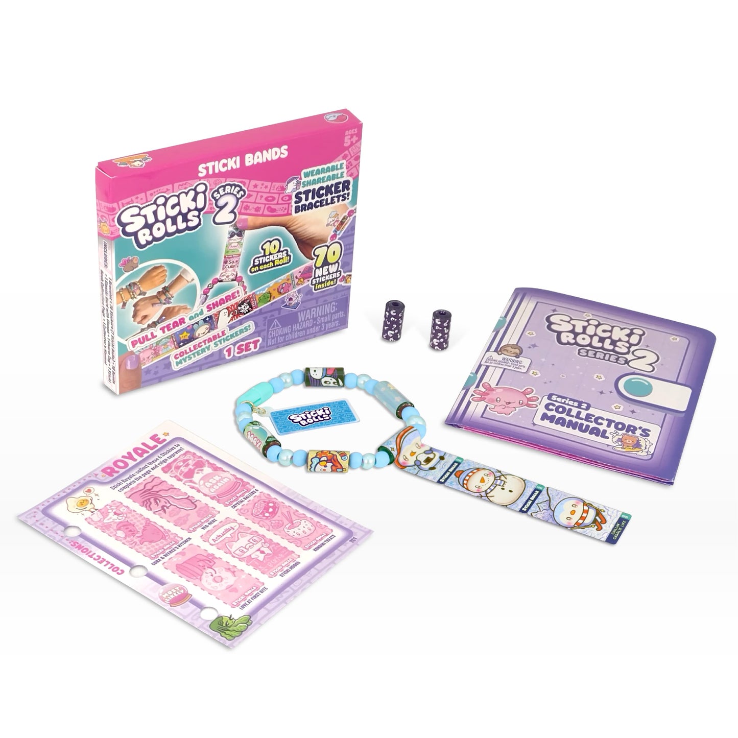 Sky Castle STICKI Rolls Sticki Bands – Wearable Sticker Bracelet with 70 Mini Stickers + 2 Mystery Rolls (Series 2, Blue)