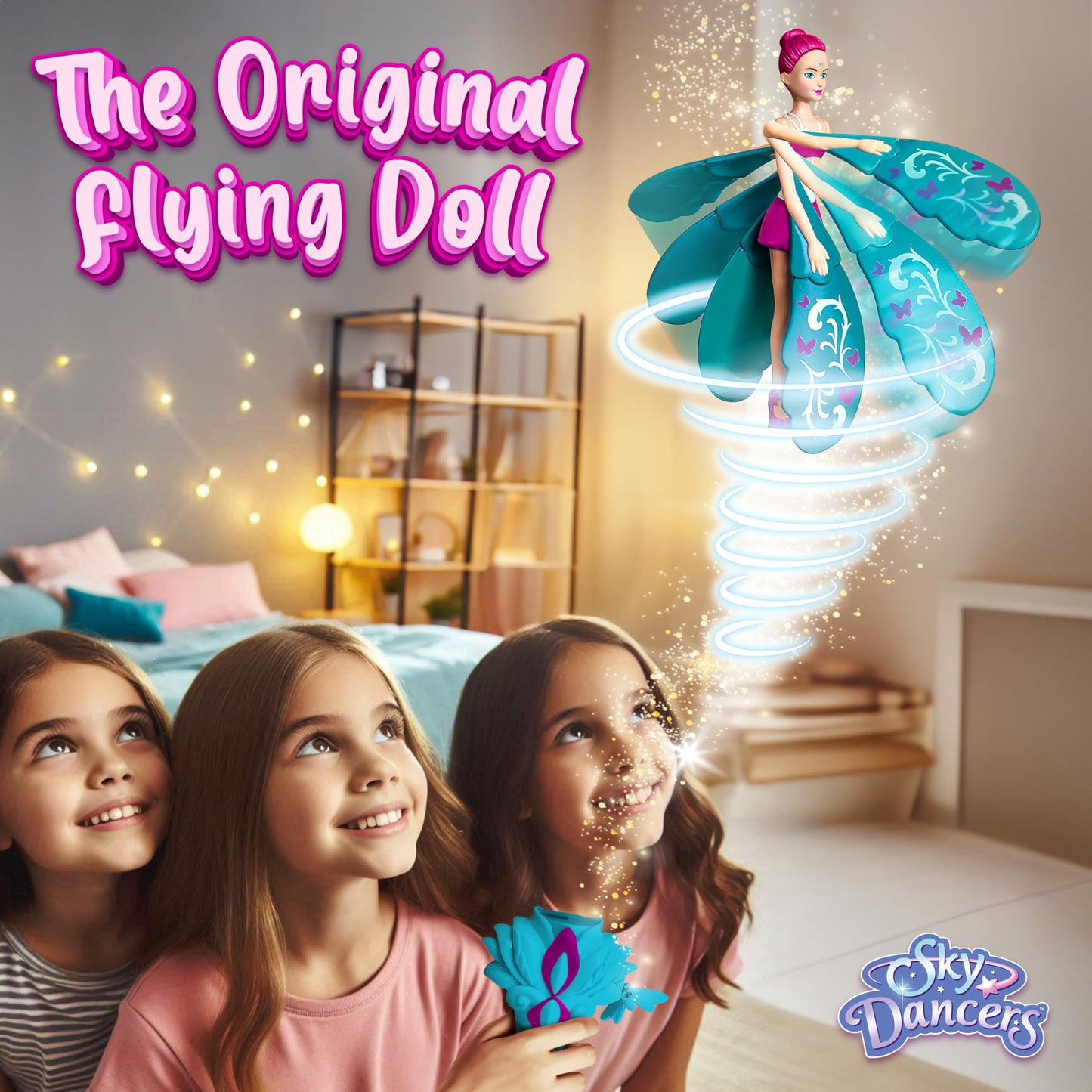 Sky Dancers Turquoise Twinkle – Original Flying Doll Toy | Pull String Power, Indoor/Outdoor Fun, No Batteries
