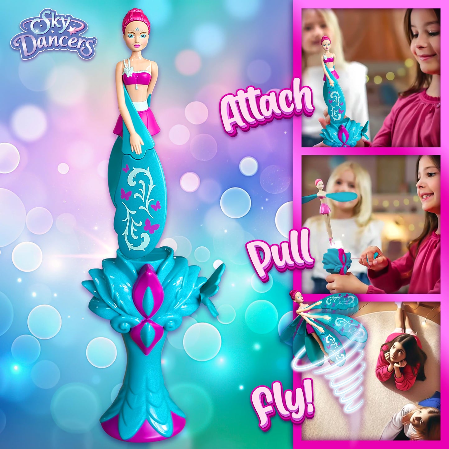 Sky Dancers Turquoise Twinkle – Original Flying Doll Toy | Pull String Power, Indoor/Outdoor Fun, No Batteries