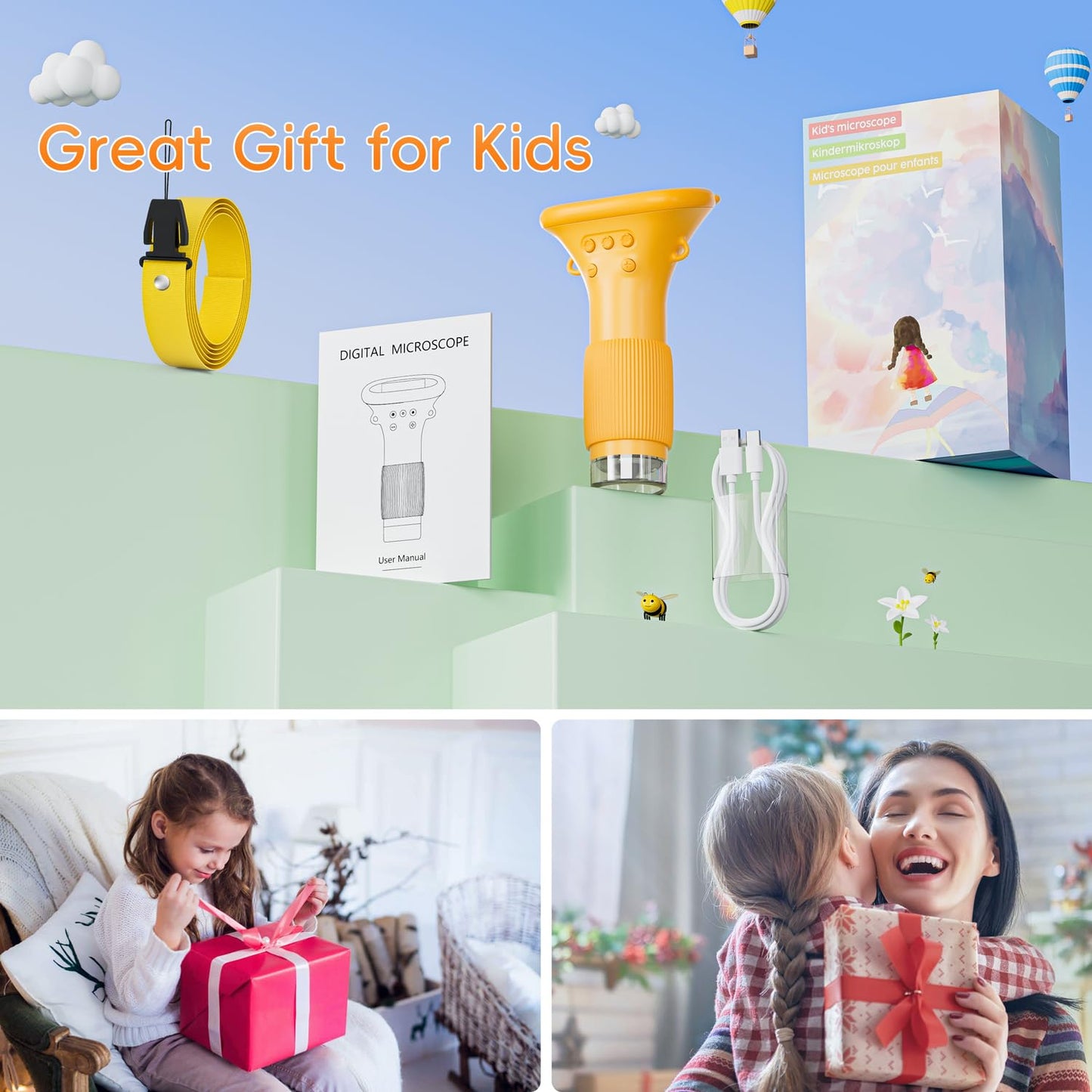 SKYBASIC Kids Microscope – 2-Inch IPS Display, 1000X Handheld USB Digital Microscope