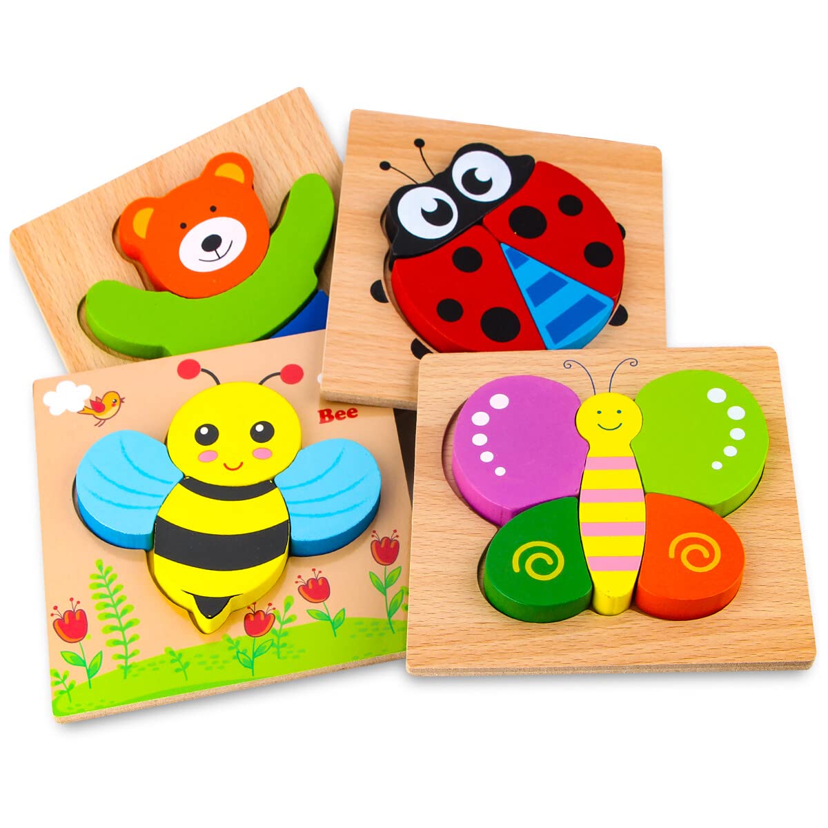 SKYFIELD Wooden Animal Puzzles for Toddlers (Ages 1-3) – 4-Pack Colorful Educational Gift