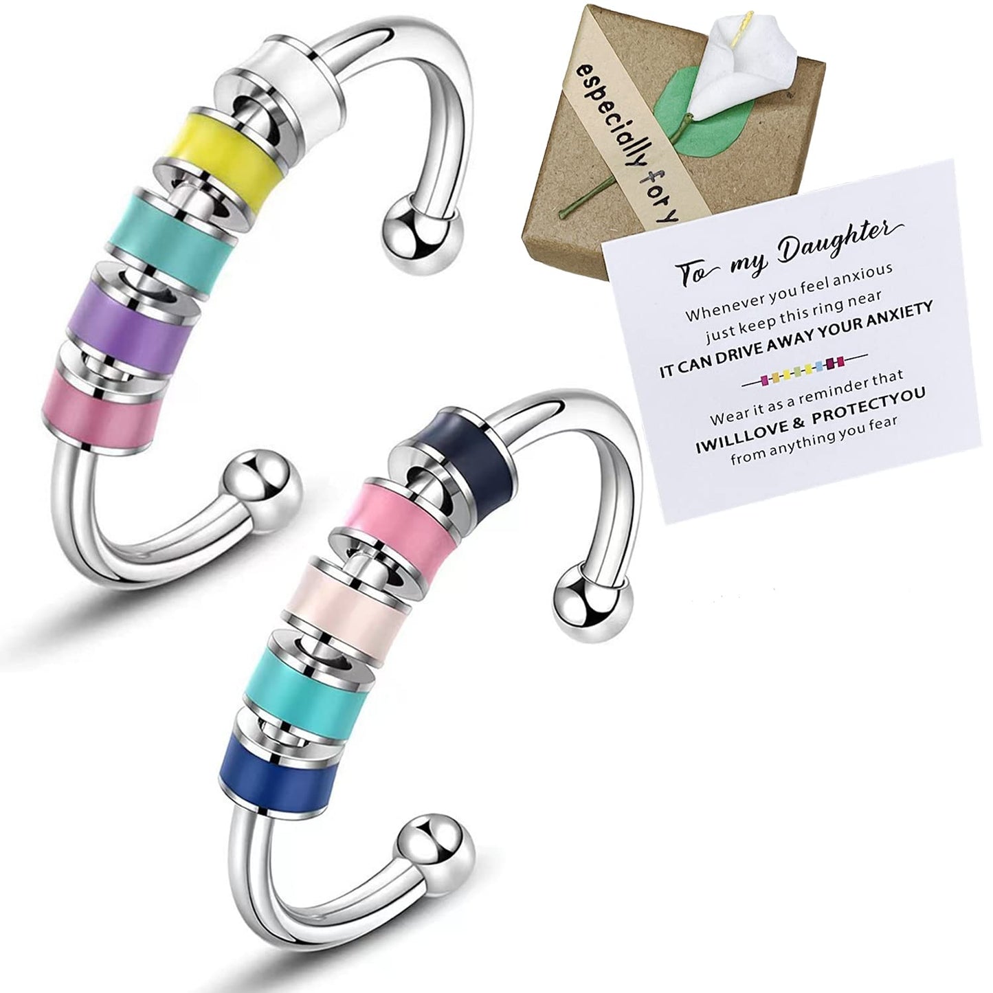 Skyfun 2-Piece Anxiety Ring Set for Daughter | Colorful Bead Spinner Rings in Gift Box
