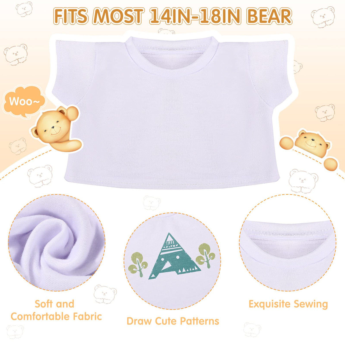 Skylety 6 Pcs Bear Clothes Basic Tee Shirts for 14-18 Inch Plush Bears - White