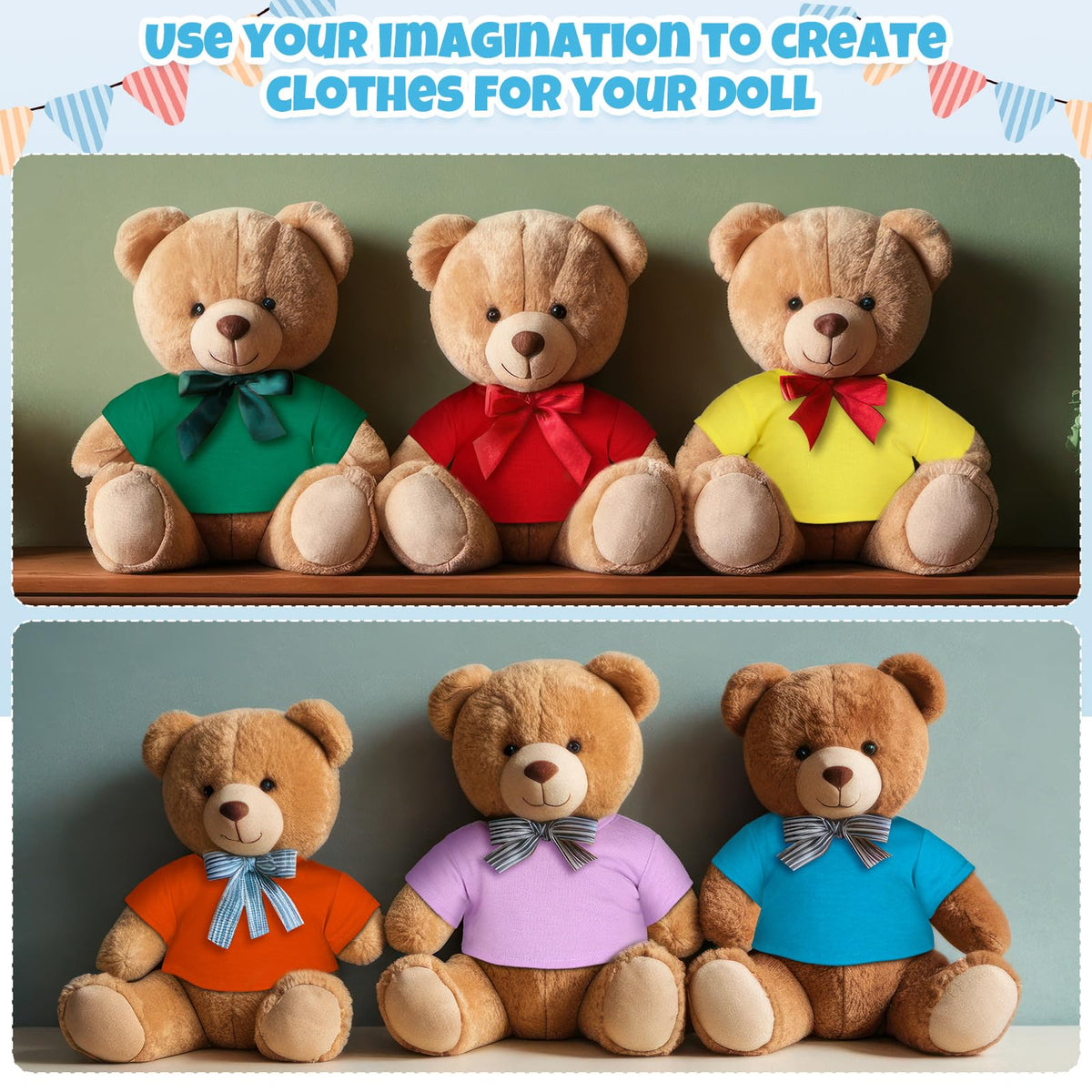 Skylety 6-Piece Bear Tee Shirt Set for 14-18 Inch Plush Bears | Rainbow Doll Clothes