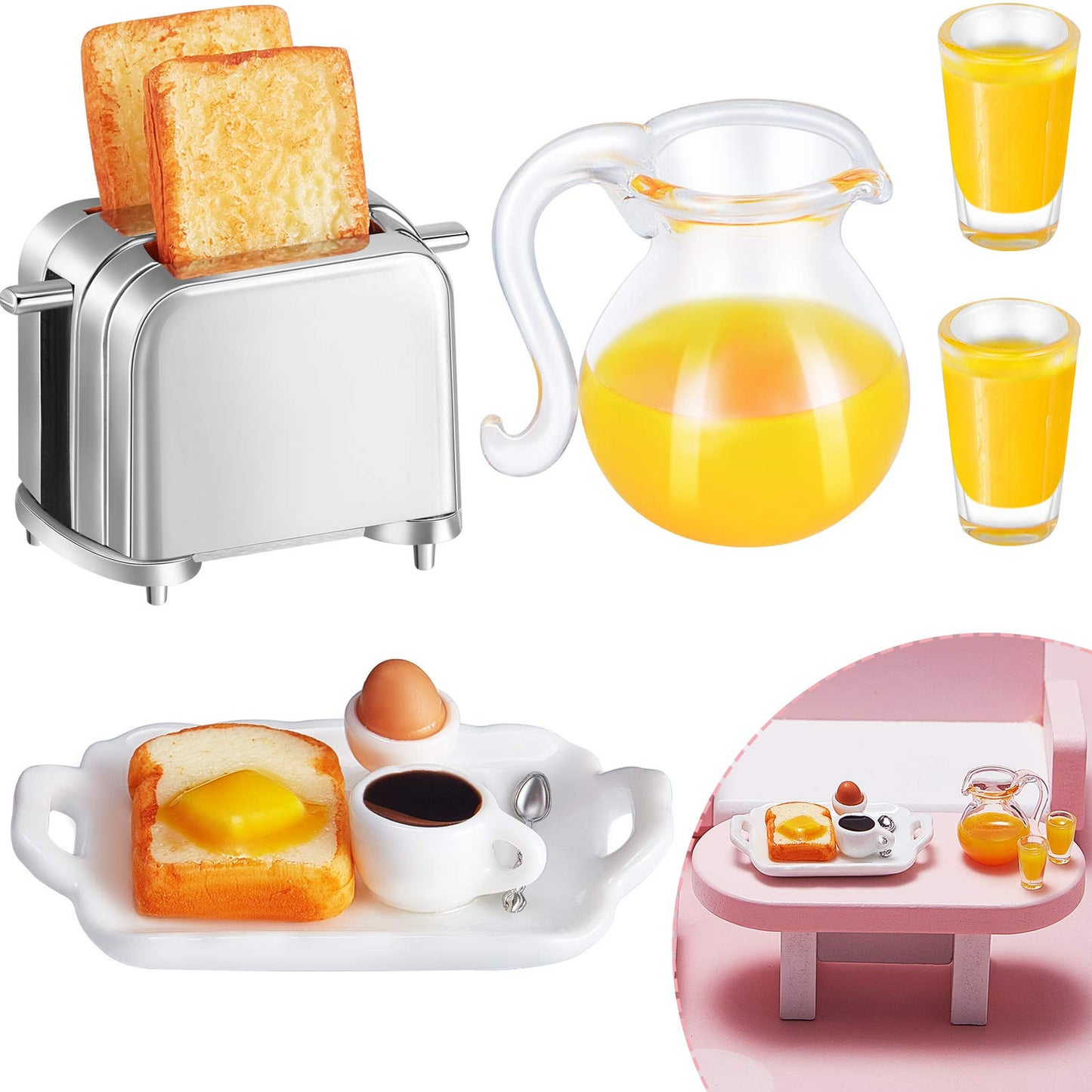 Skylety Dollhouse Breakfast Set | 1:12/1:6 Mini Kitchen Accessories – Bread Machine, Juice Jug & Toast