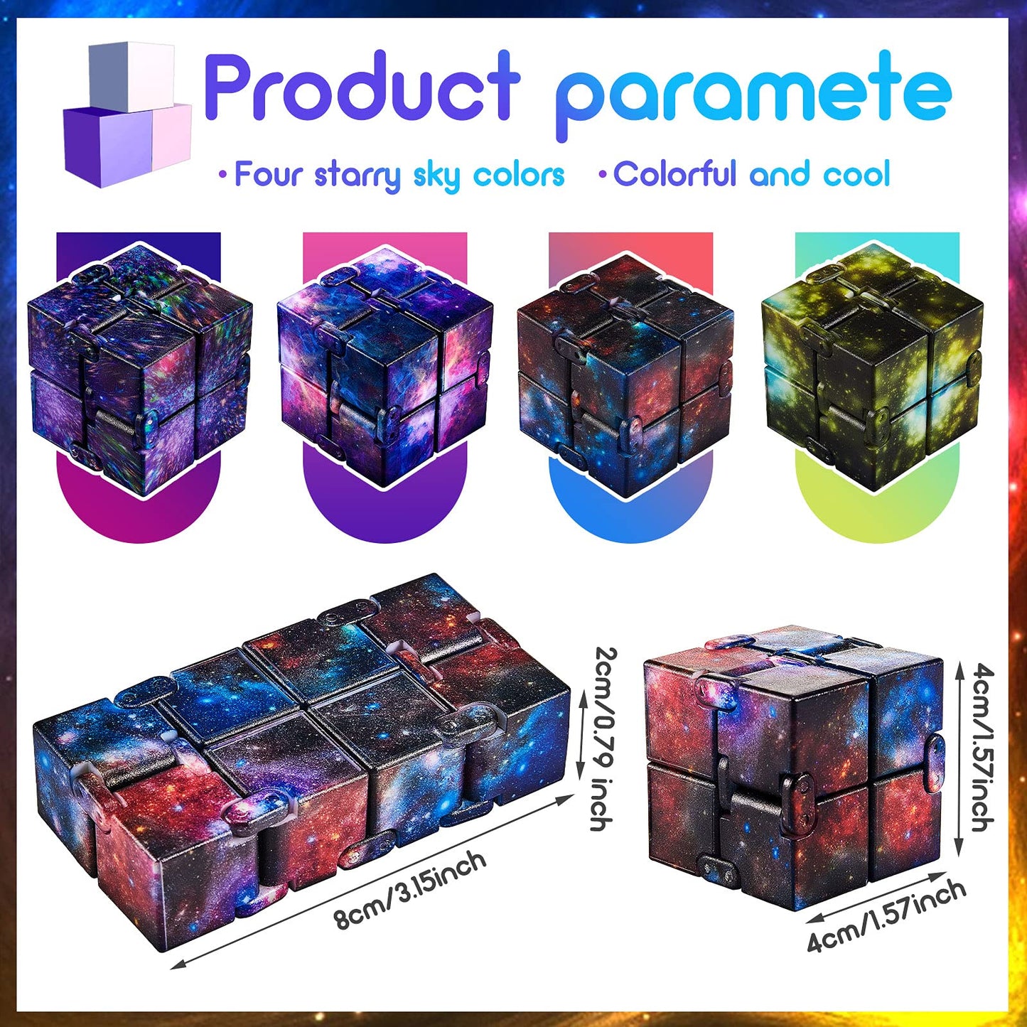 Skylety Cube Anxiety Relief Toy — Handheld Infinity Stress Cube (4 Pcs, Galaxy)