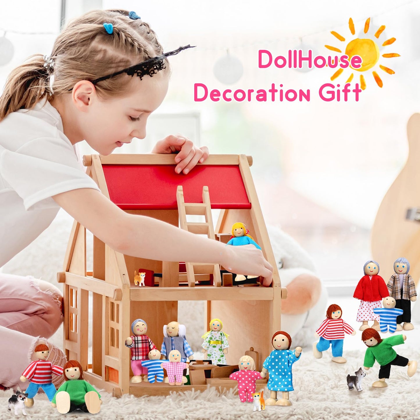 Skylety 20-Piece Wooden Dollhouse Family Figures & Pets – 16 People + 4 Pets
