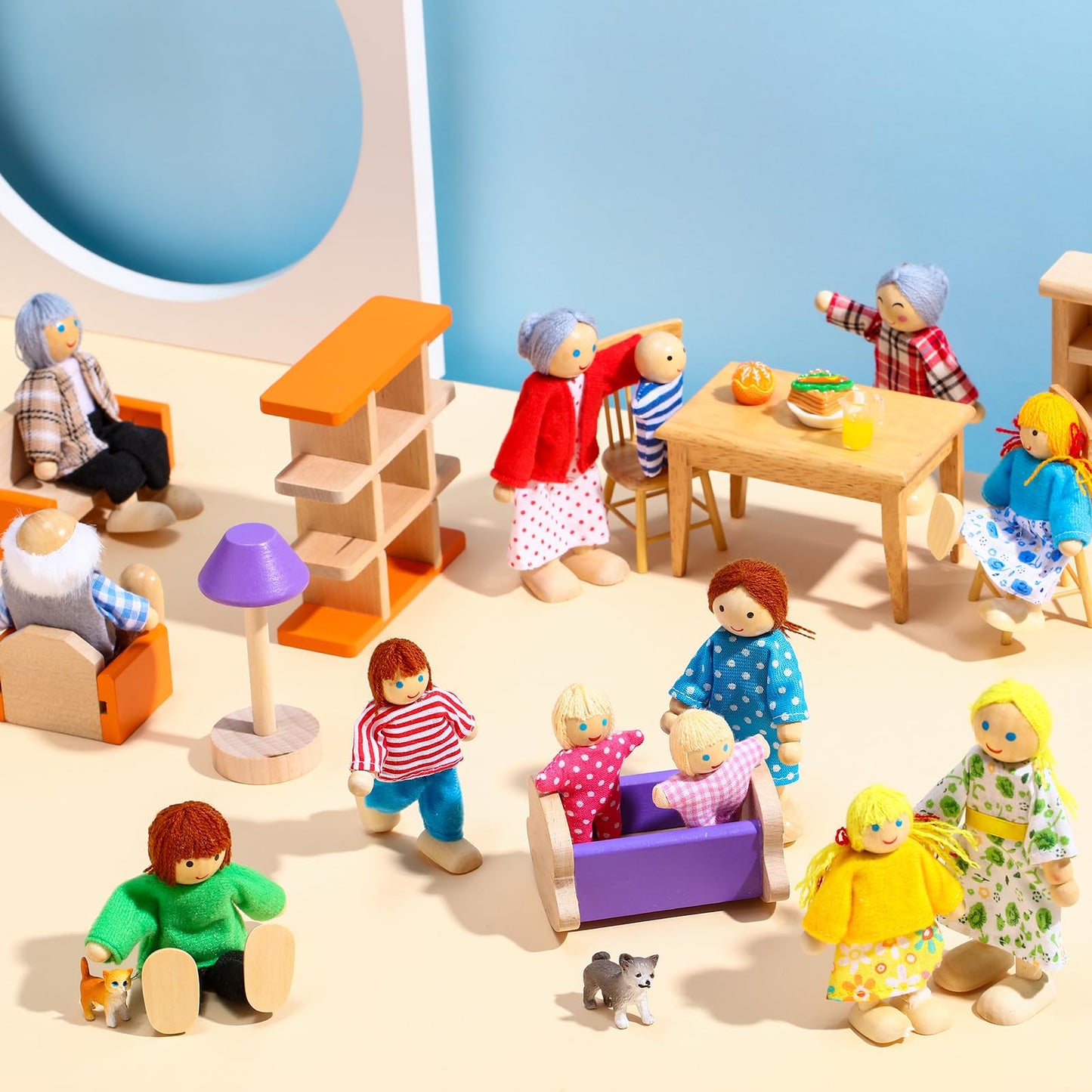 Skylety 20-Piece Wooden Dollhouse Family Figures & Pets – 16 People + 4 Pets