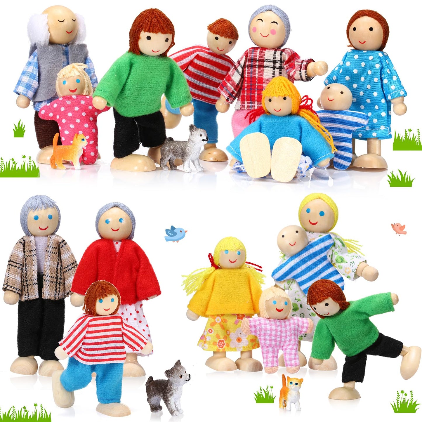 Skylety 20-Piece Wooden Dollhouse Family Figures & Pets – 16 People + 4 Pets