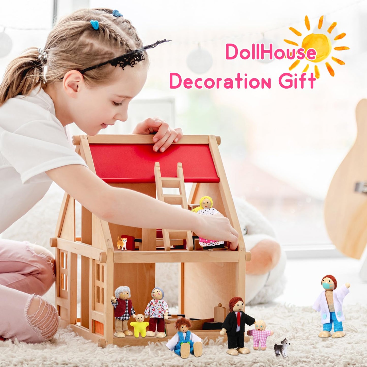 Skylety 10 Pcs Wooden Dollhouse Figures – Rustic Style Mini People Set