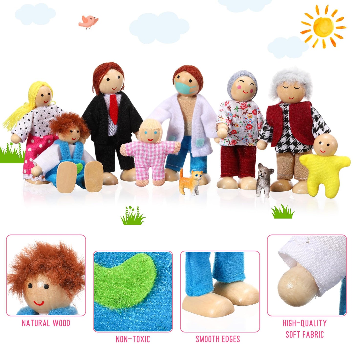 Skylety 10 Pcs Wooden Dollhouse Figures – Rustic Style Mini People Set