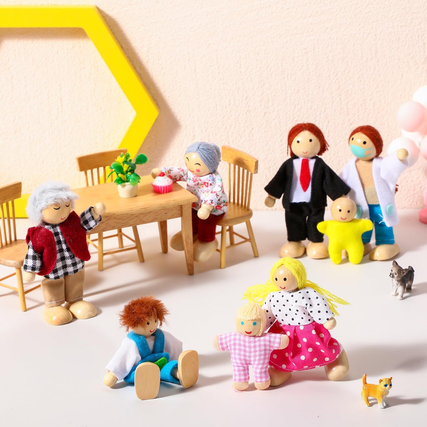 Skylety 10 Pcs Wooden Dollhouse Figures – Rustic Style Mini People Set