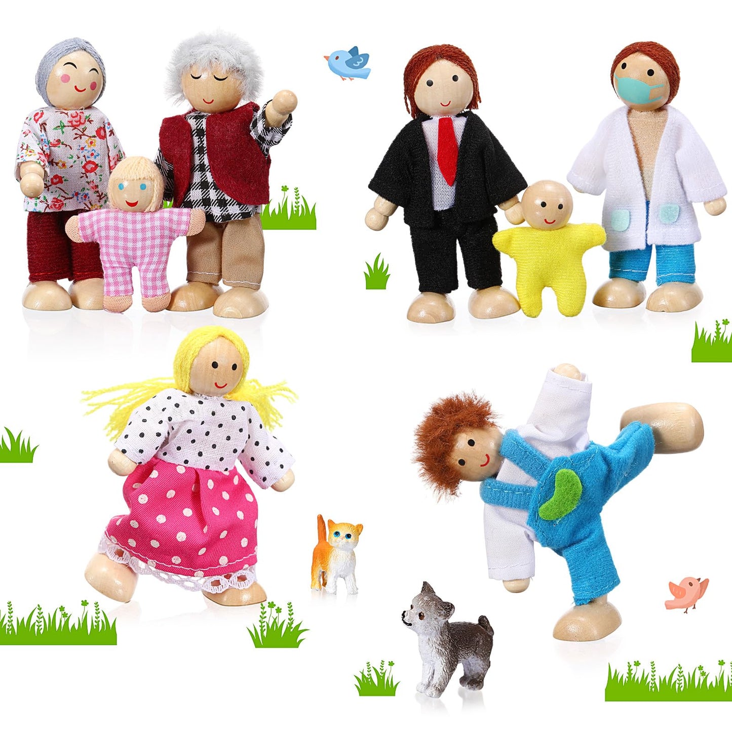 Skylety 10 Pcs Wooden Dollhouse Figures – Rustic Style Mini People Set