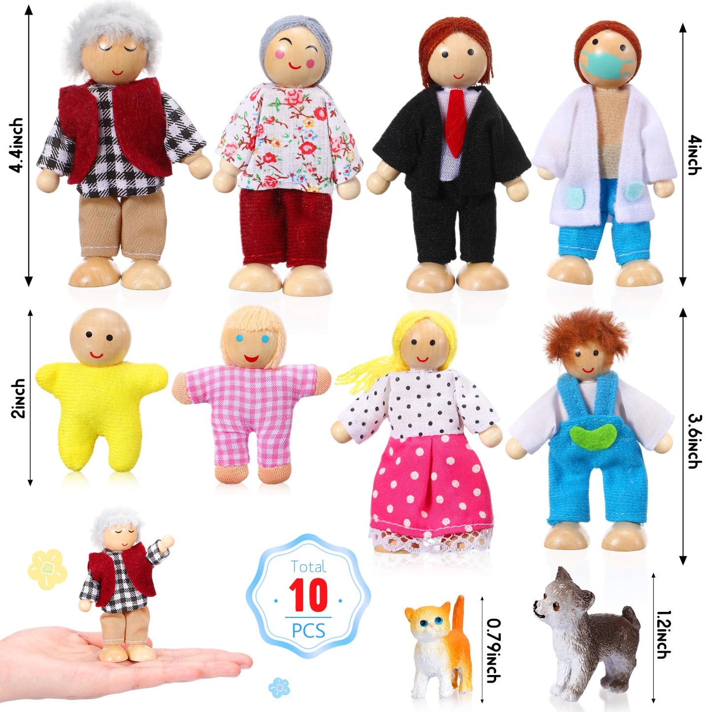 Skylety 10 Pcs Wooden Dollhouse Figures – Rustic Style Mini People Set