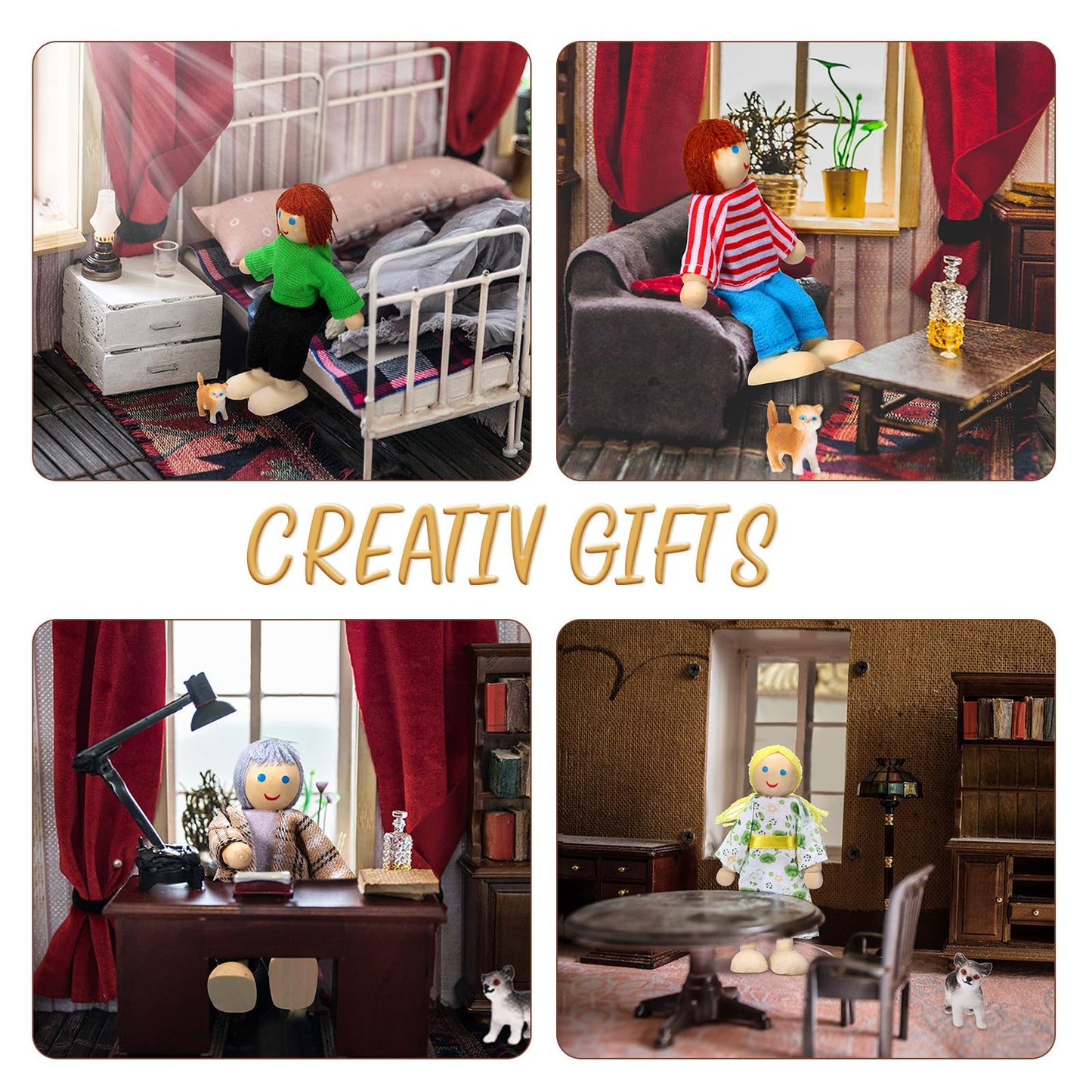 Skylety 20-Piece Wooden Dollhouse Family Figures & Pets – 16 People + 4 Pets