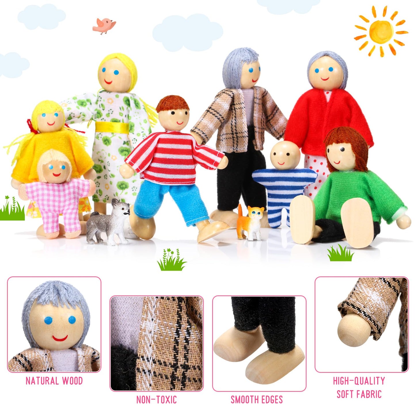 Skylety 20-Piece Wooden Dollhouse Family Figures & Pets – 16 People + 4 Pets