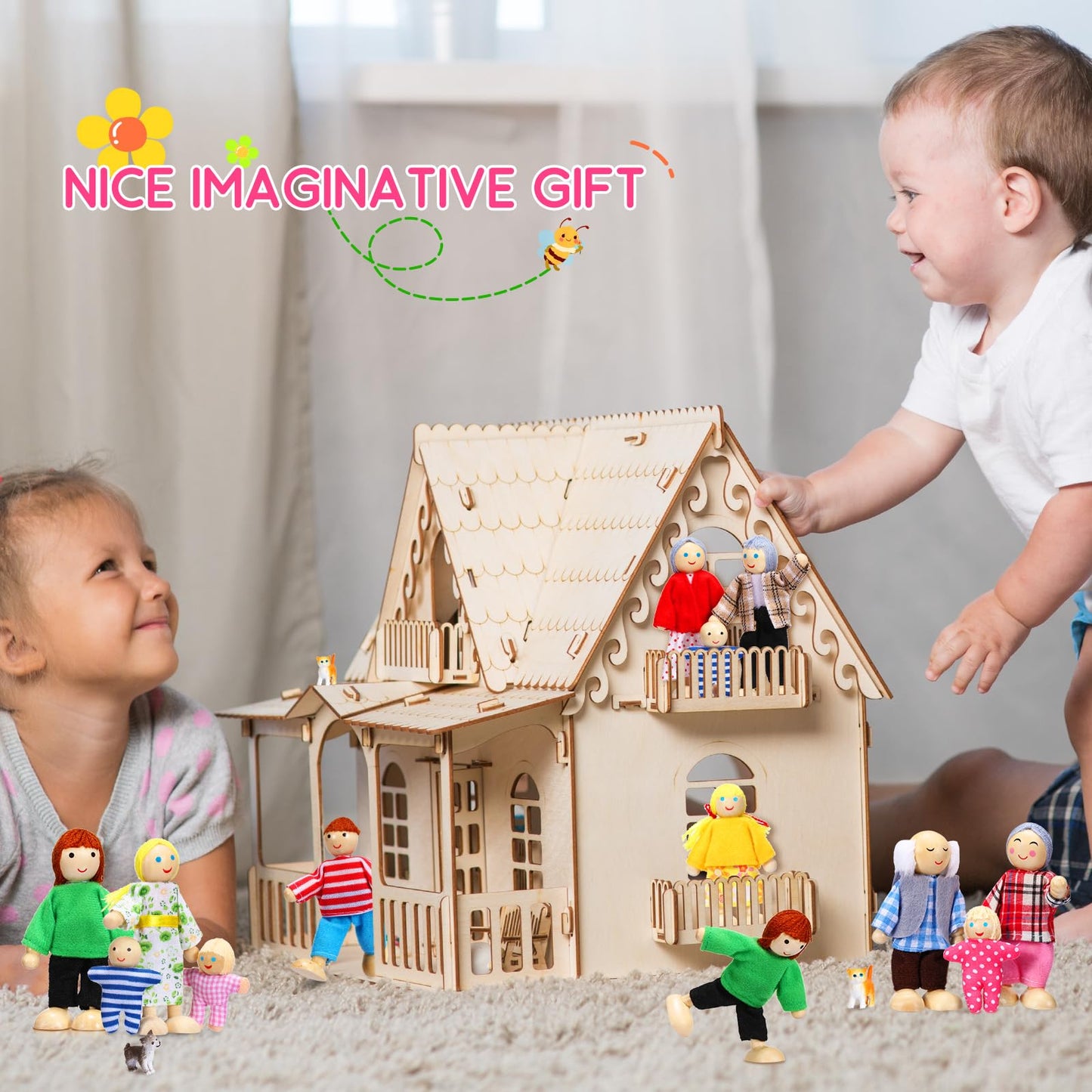 Skylety 20-Piece Wooden Dollhouse Family Figures & Pets – 16 People + 4 Pets