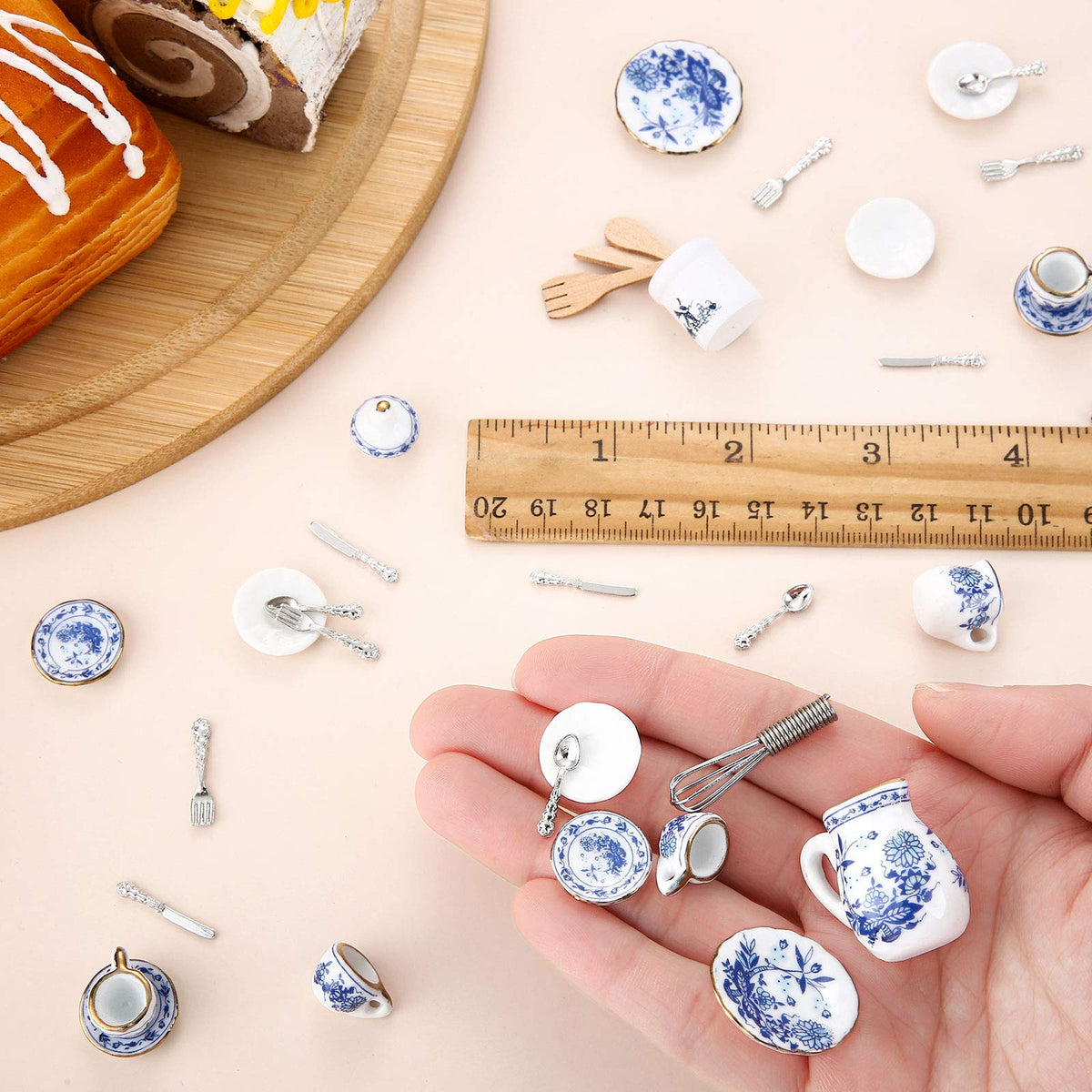 Skylety 37-Piece Dollhouse Kitchen Accessories – Plates, Utensils & Blue Porcelain Tea Cup Set (1:12 Scale)