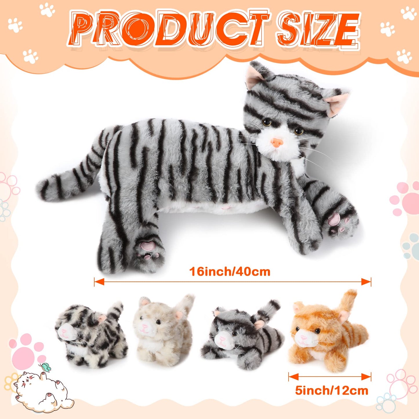 Skylety Nurturing Cat Stuffed Animal Set – Mommy Cat (16in) + 4 Kittens (5in) Plush Toys