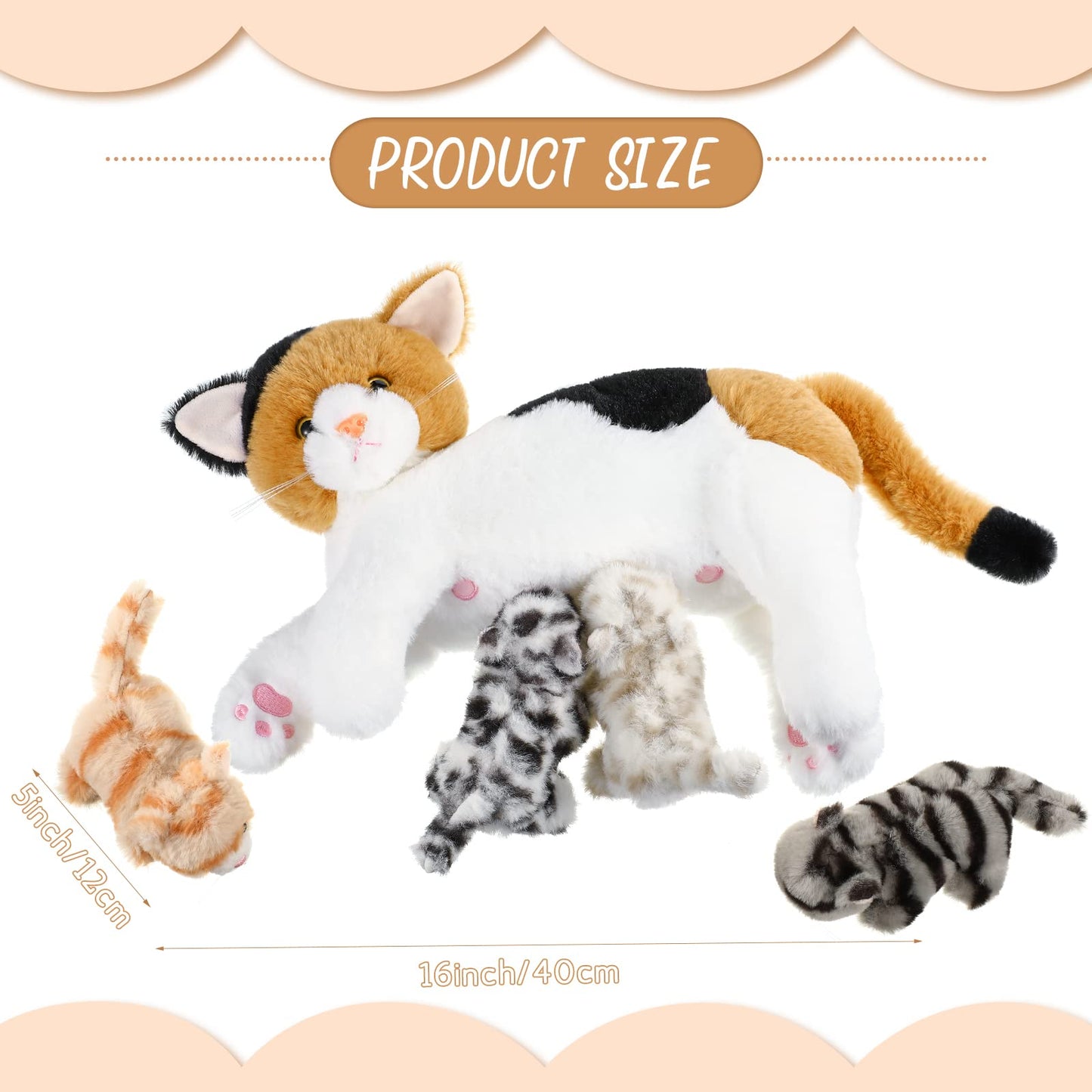 Skylety Nurturing Cat Stuffed Animal Set – Mommy Cat with 4 Plush Kittens
