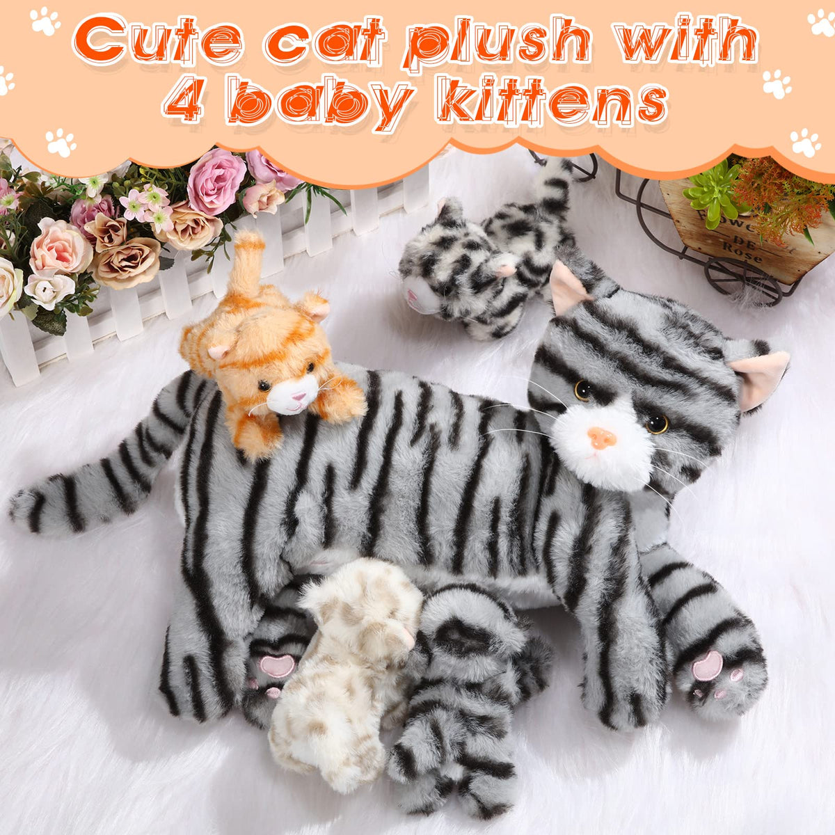 Skylety Nurturing Cat Stuffed Animal Set – Mommy Cat (16in) + 4 Kittens (5in) Plush Toys