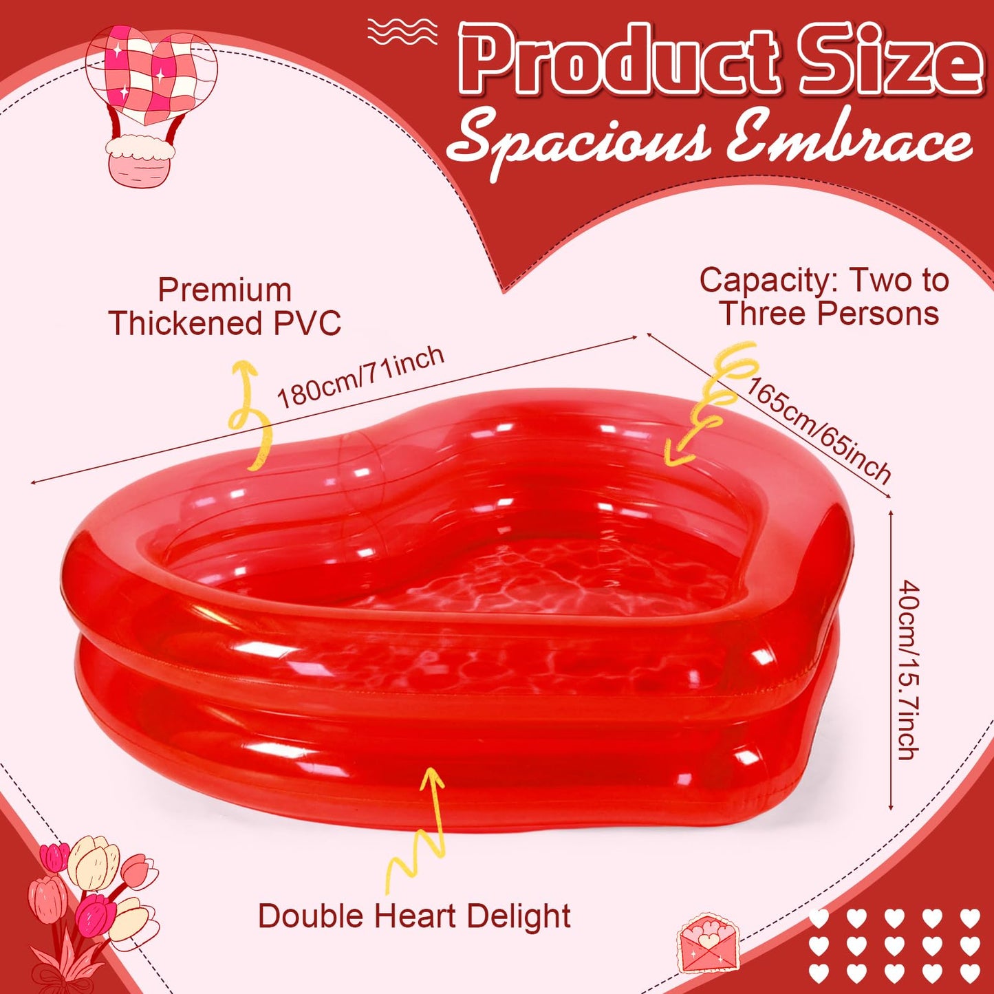 Skylety Giant Heart Inflatable Pool – Pink, 180x165x40 cm, Fits 2-3 Adults, Patches Included