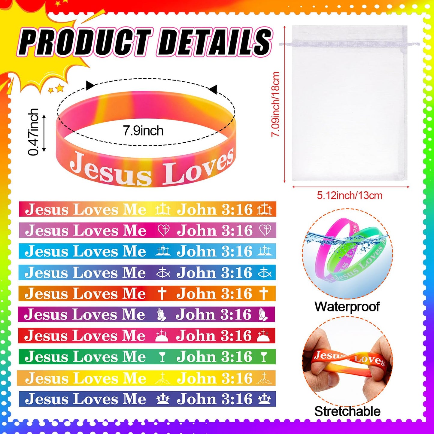 Skylety 48-Set Jesus Loves You Stress Ball & Rubber Bracelet Gift Set with Cards